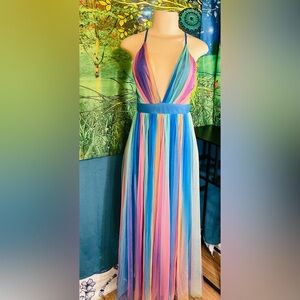 Luxxel Rainbow Halter Maxi Layered Dress w Doubled Splits Under Mesh!